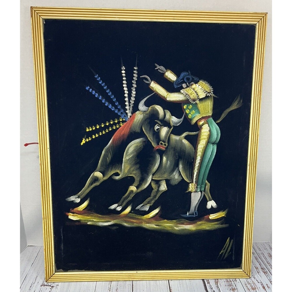 Vintage 70s Black Velvet Matador Bull Colors Painting Signed READ